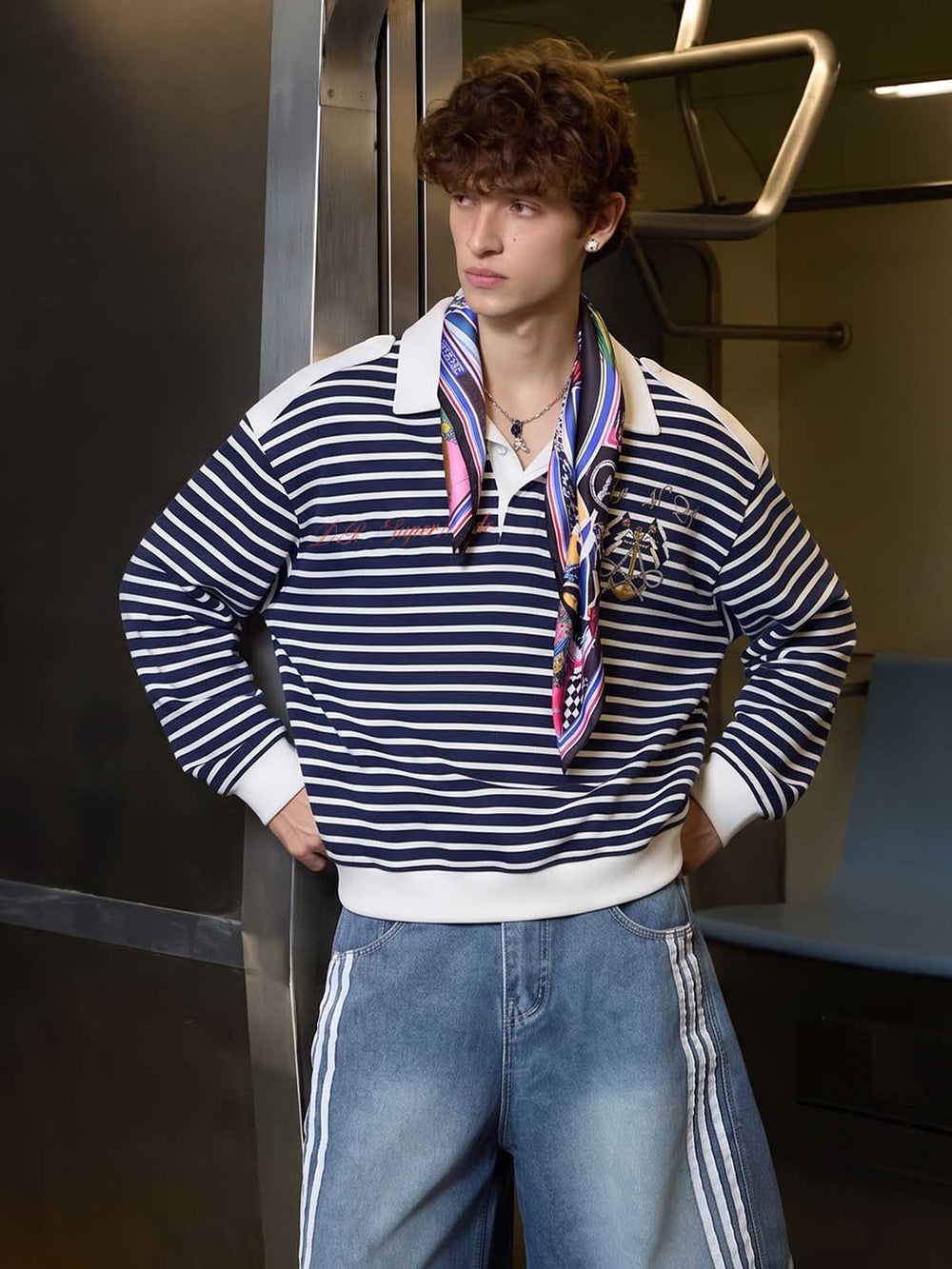 Anchor Embroidered Striped Heavyweight Sweatshirt