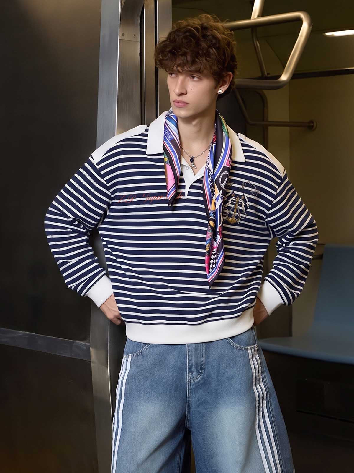 Anchor Embroidered Striped Heavyweight Sweatshirt