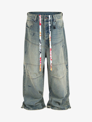 Wide-Leg Denim Trousers with Unique Tie Detail for Fashionable Comfort 
