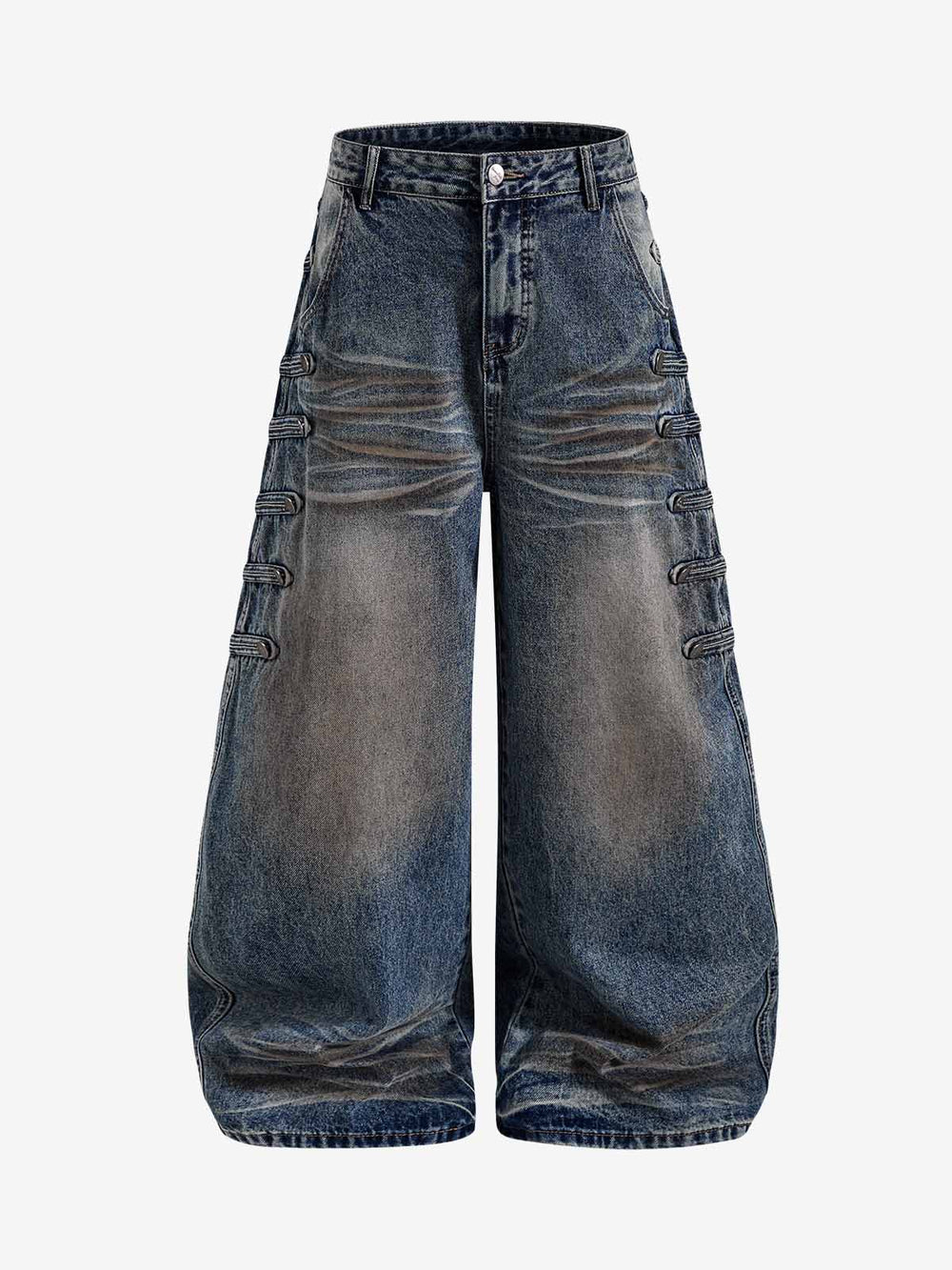 Studded Curved-Seam Washed Wide-Leg Jeans