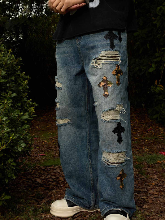 Denim Wide Leg Cropped Pants with White Stripe Design High Waist Fashion Trousers for Women 