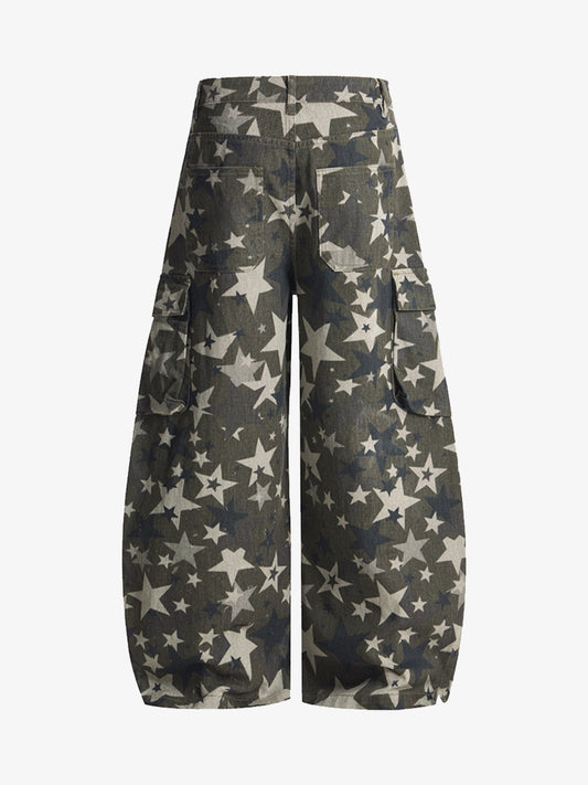 Retro Star Print Barrel Cargo Pants 