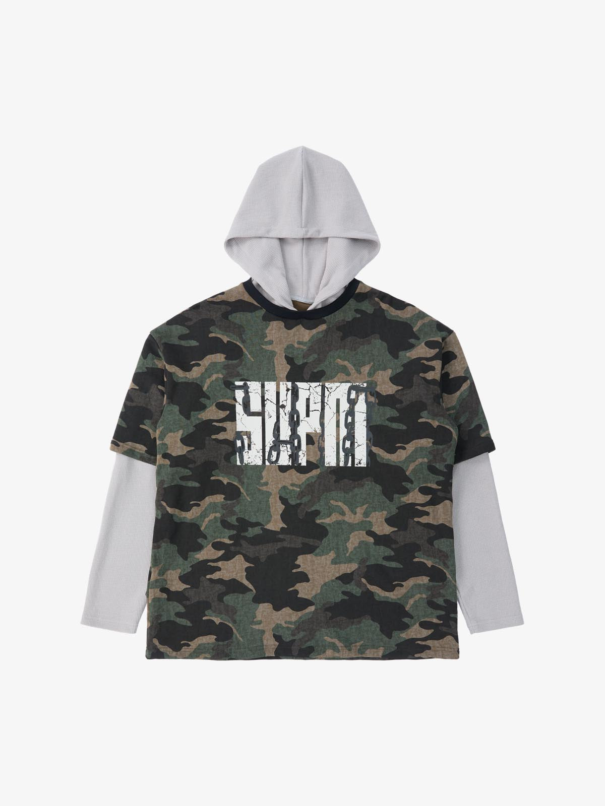 Supermade Camouflage Patchwork Faux Two-Piece Hooded Top 