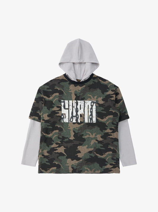 Supermade Camouflage Patchwork Faux Two-Piece Hooded Top 