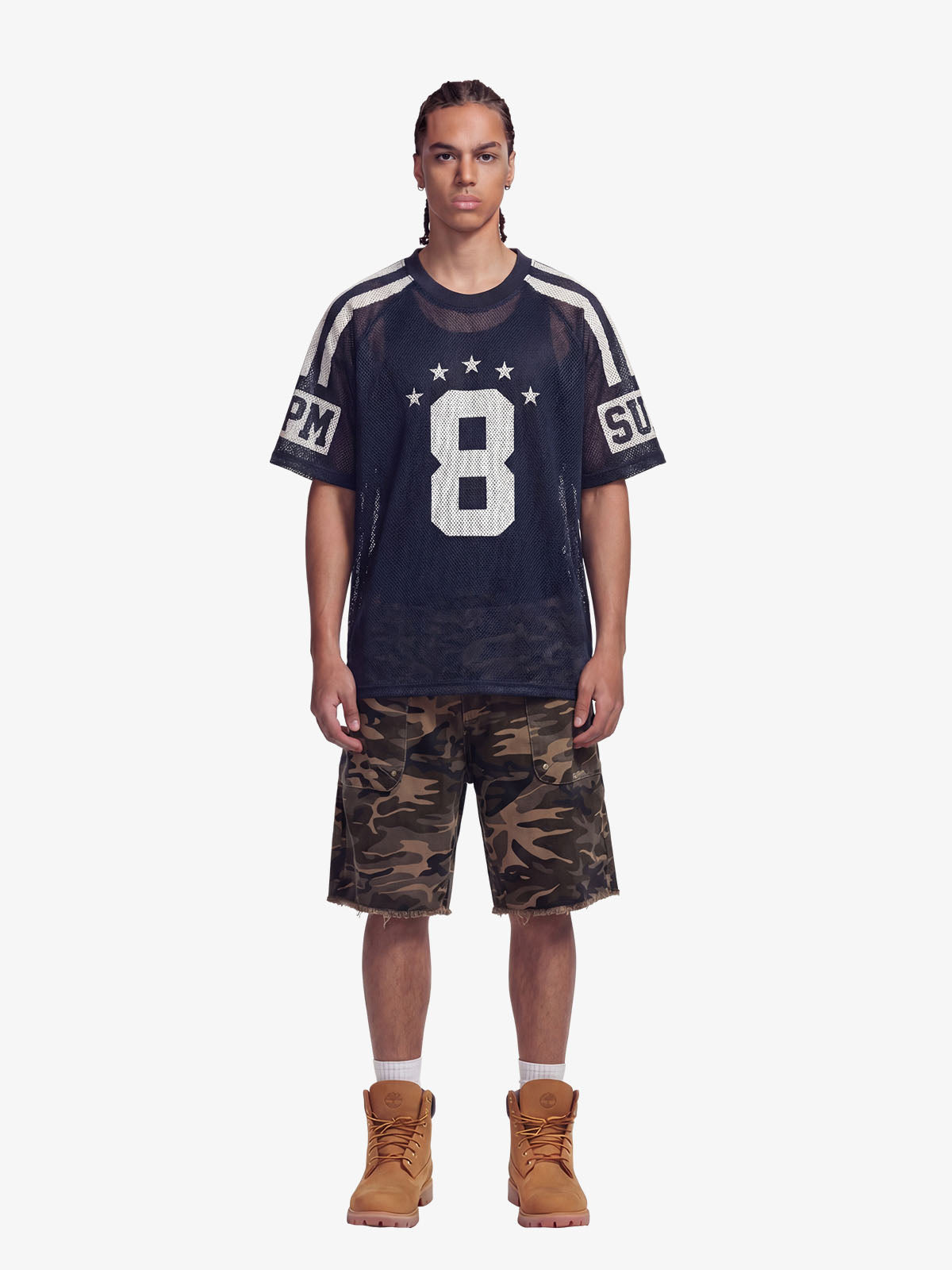 Star Design Number 8 Cropped Sleeve Stripes Jersey T-Shirt 