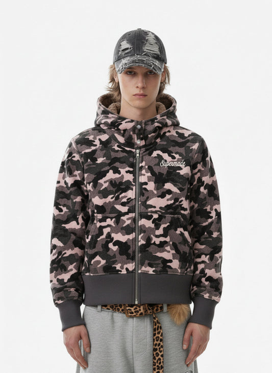 Camo Sherpa-Lined Detachable-Collar Fleece Hooded Jacket 