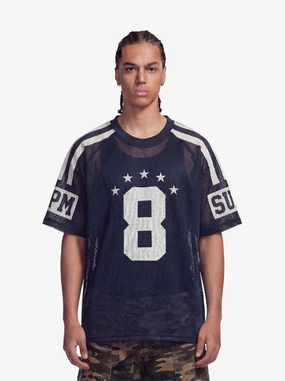 Star Design Number 8 Cropped Sleeve Stripes Jersey T-Shirt 