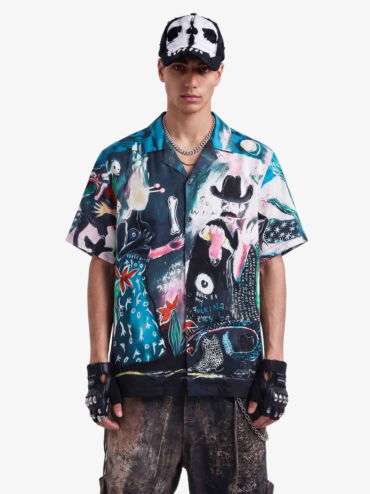 Blue Abstract Oil Painting Camp Collar Boxy Shirt 