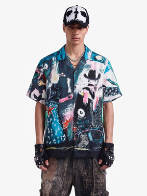 Blue Abstract Oil Painting Camp Collar Boxy Shirt 