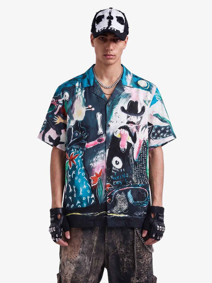 Blue Abstract Oil Painting Camp Collar Boxy Shirt 