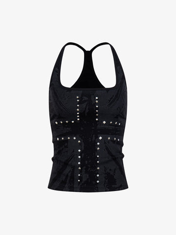 Union Jack Graphic Racerback Tank Top – Studded Cotton Blend Tank