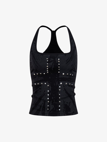 Union Jack Graphic Racerback Tank Top – Studded Cotton Blend Tank