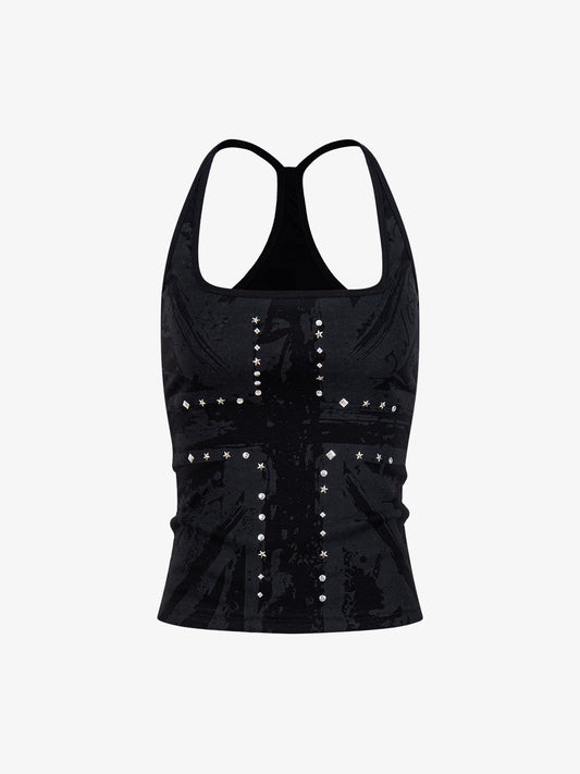 Union Jack Graphic Racerback Tank Top – Studded Cotton Blend Tank