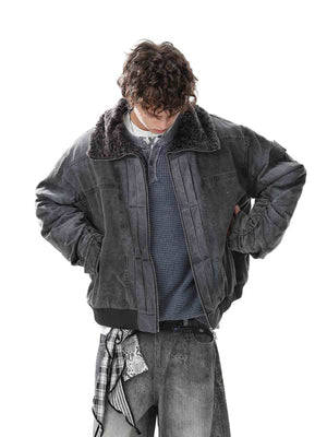 Vintage Distressed Pleated Shearling Collar Fleece Jacket 
