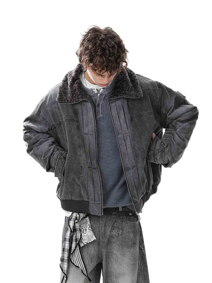 Vintage Distressed Pleated Shearling Collar Fleece Jacket 