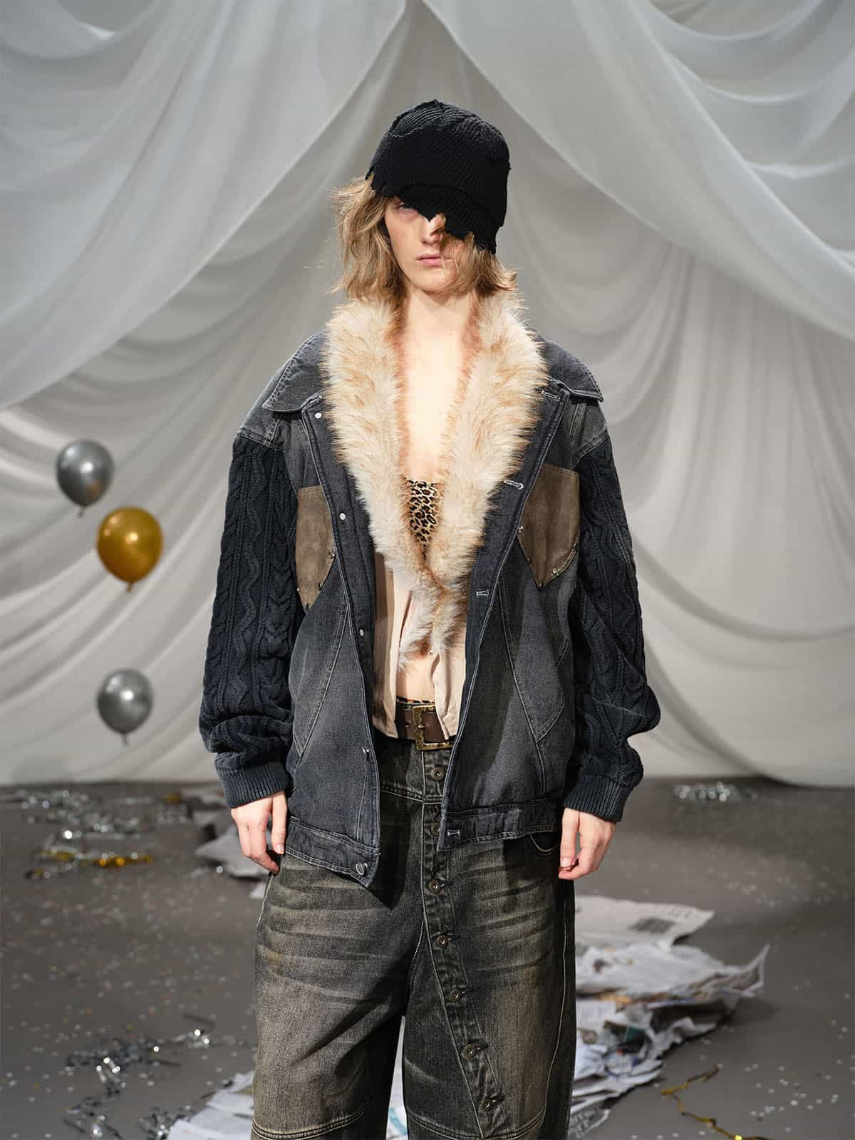 Stylish Denim Jacket with Cable Knit Sleeves and Leather Patches for Men 