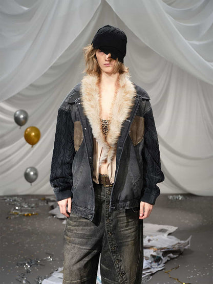 Stylish Denim Jacket with Cable Knit Sleeves and Leather Patches for Men 