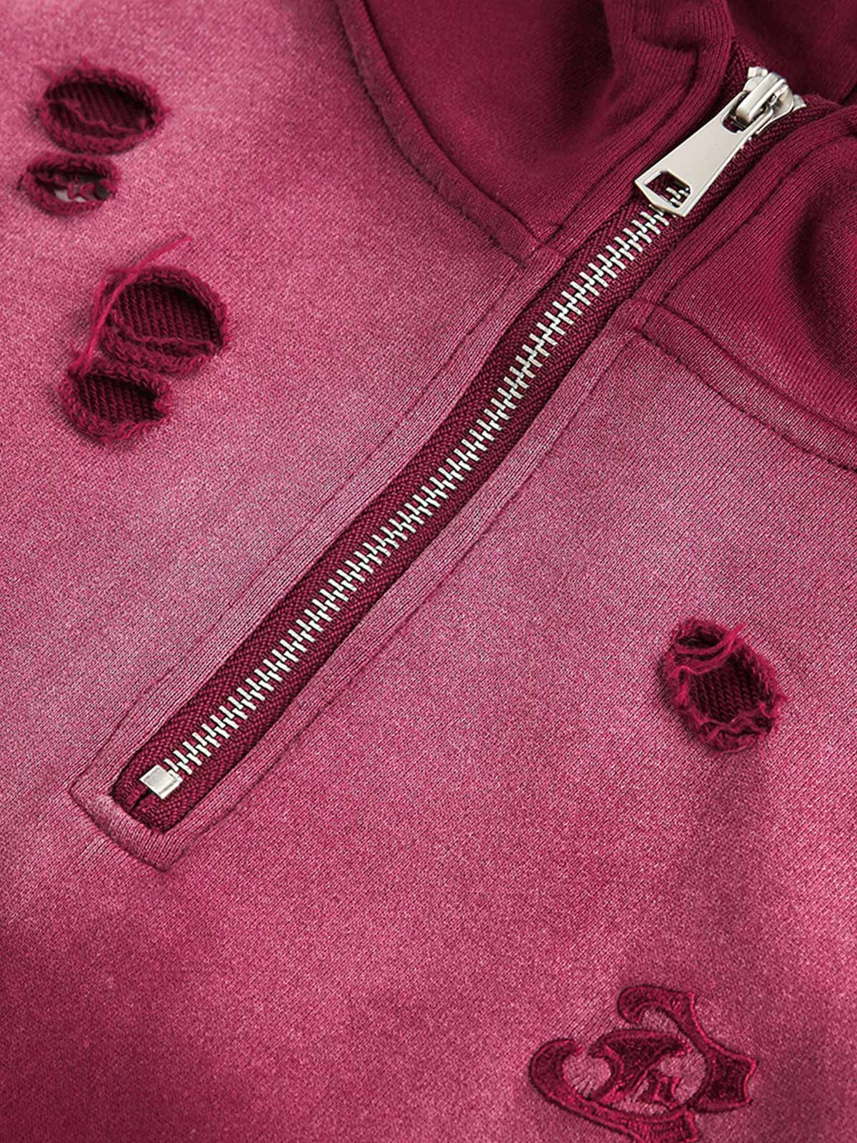 Street Distressed Half-Zip Ripped Hoodie 