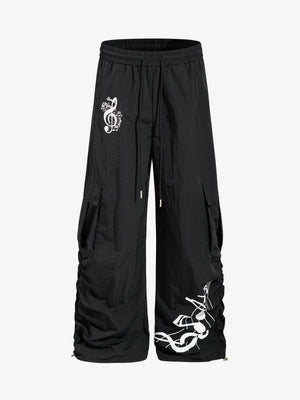 Music Note Print Baggy Nylon Cargo Pants
