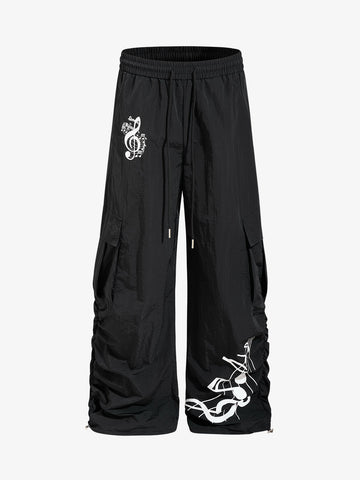 Music Note Print Baggy Nylon Cargo Pants
