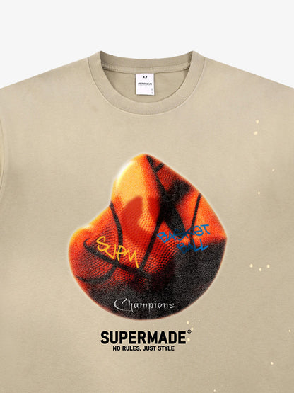 thesupermade-Cotton Basketball Print T-Shirt with Graffiti Design and Splatter Effect for Streetwear Fashion 