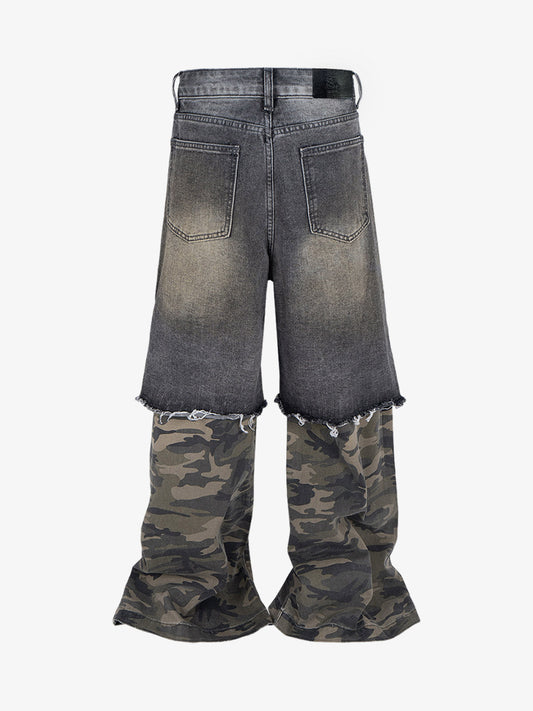 Camouflage Patchwork Flared Wide-leg Ripped Jeans 