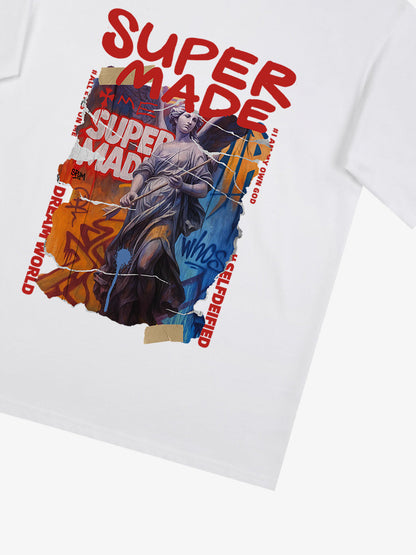 Cotton Blend SUPERMADE Sculpture Sraffiti Sticker Pattern T-Shirt 