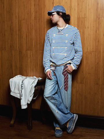 Tie Graphic Print Vintage Wash Wide Leg Denim Jeans
