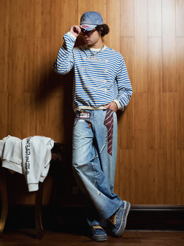 Striped Frog-Button Long Sleeve Tee