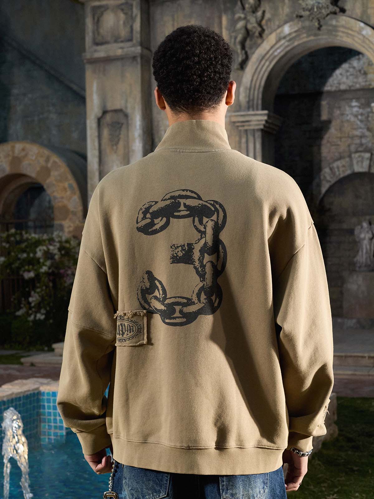 Cotton Blend Patchwork Bomber Jacket with Graphic Embroidery and Zipper Closure 