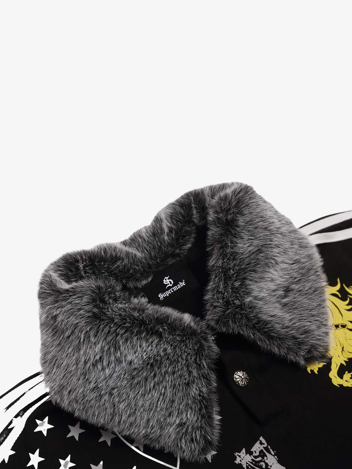 Faux-Fur Lapel Collar Sporty Polo Shirt