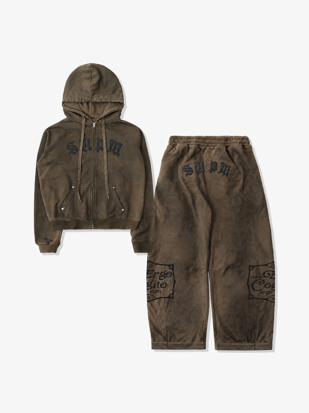 Embroidered Washed Distressed Hoodie & Wide-Leg Pants Set