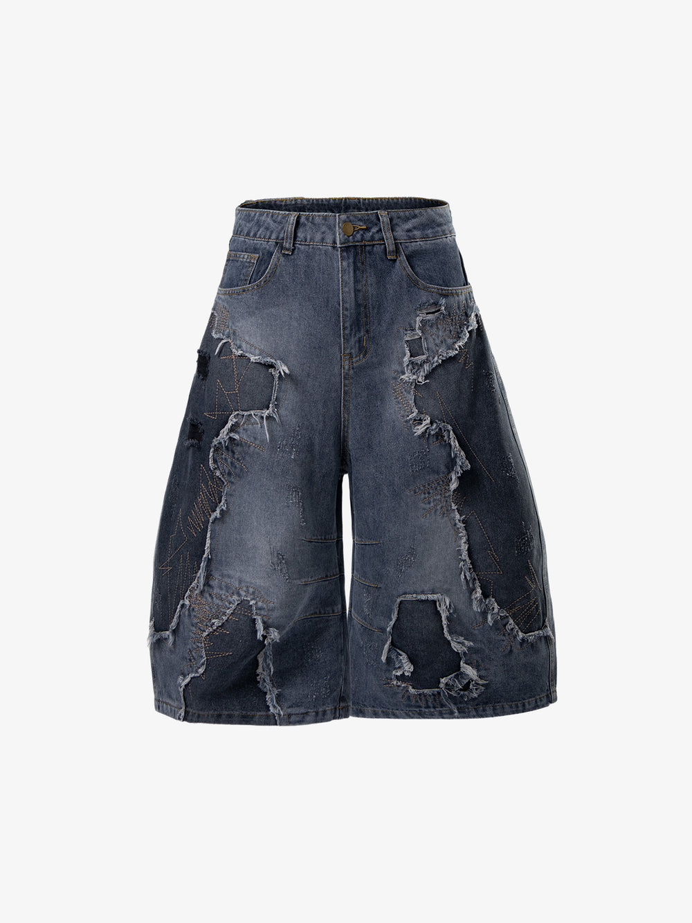 Embroidered Distressed Frayed-Hem Denim Shorts