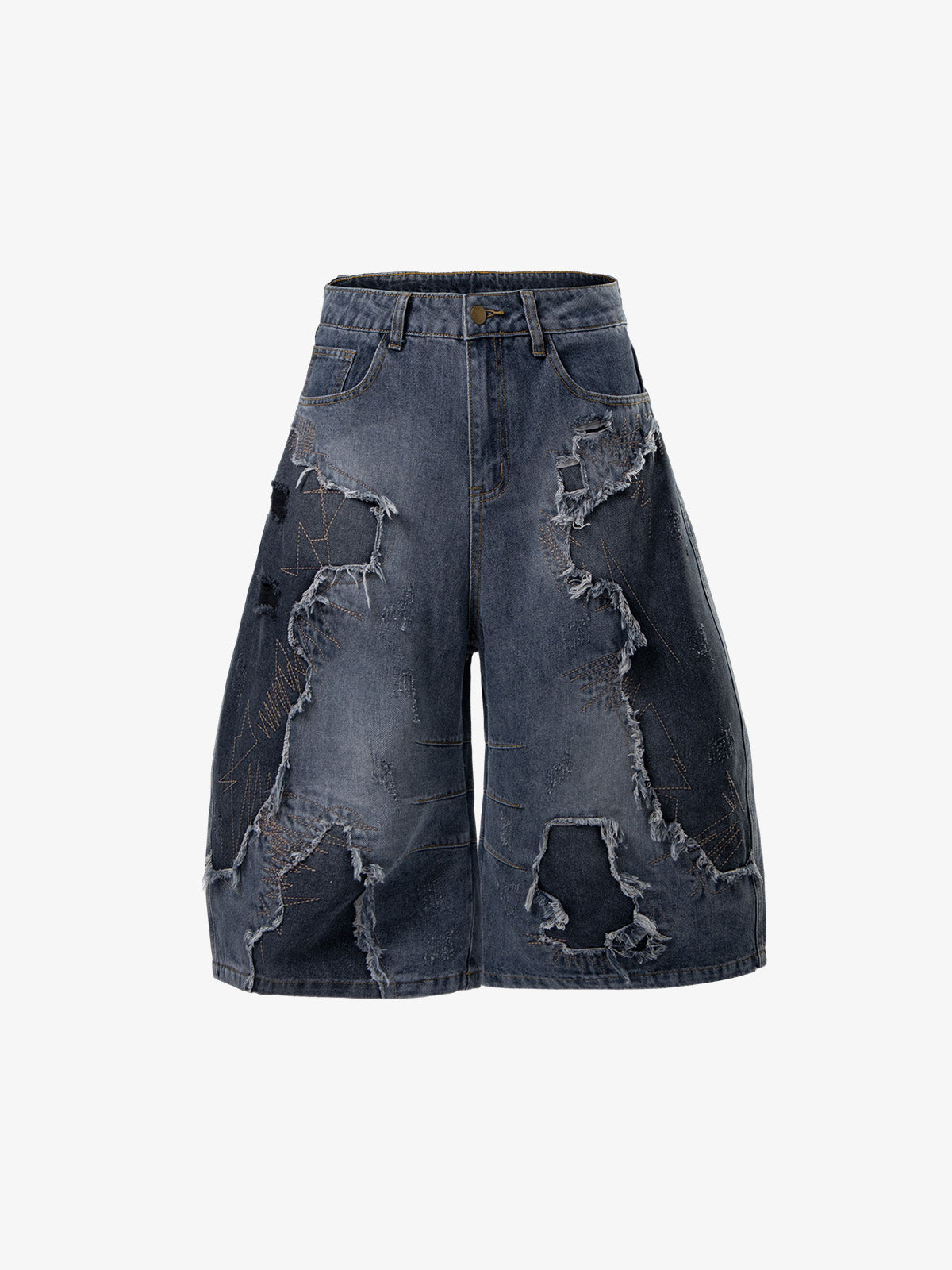 Bestickte Jeansshorts mit Used-Look und ausgefranstem Saum