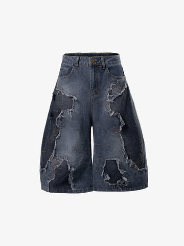Embroidered Distressed Frayed-Hem Denim Shorts