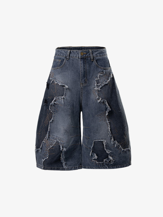 Embroidered Distressed Frayed-Hem Denim Shorts