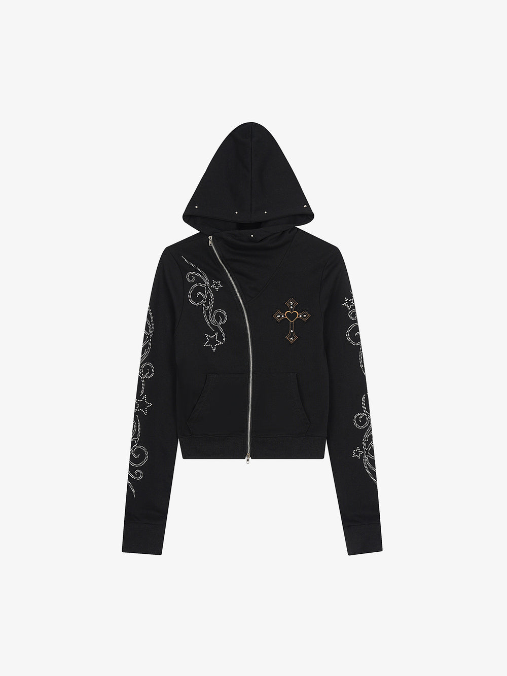 Rhinestone Asymmetrical Placket Zip-Up Hoodie