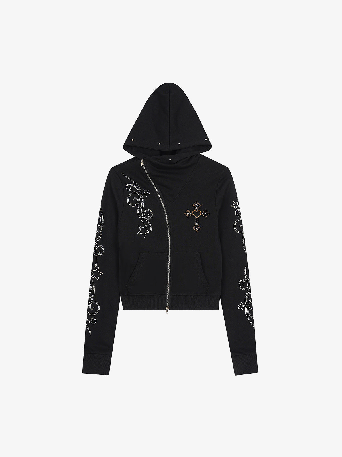 Rhinestone Asymmetrical Placket Zip-Up Hoodie