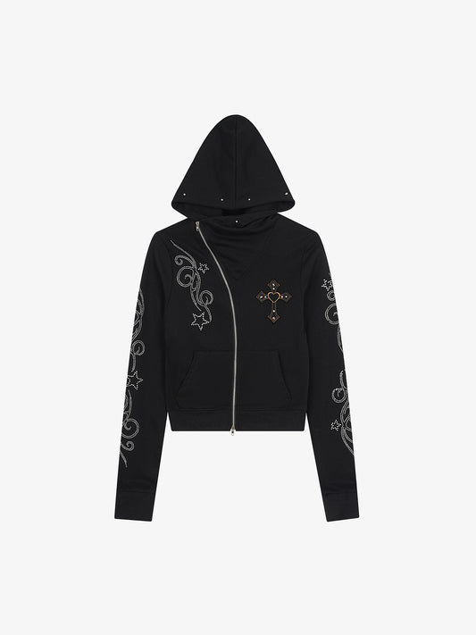 Rhinestone Asymmetrical Placket Zip-Up Hoodie