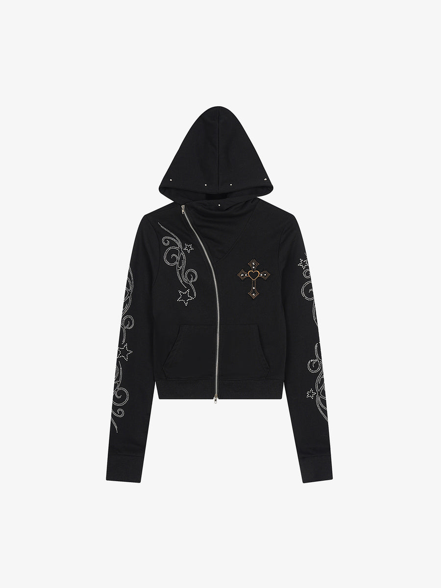 Rhinestone Asymmetrical Placket Zip-Up Hoodie