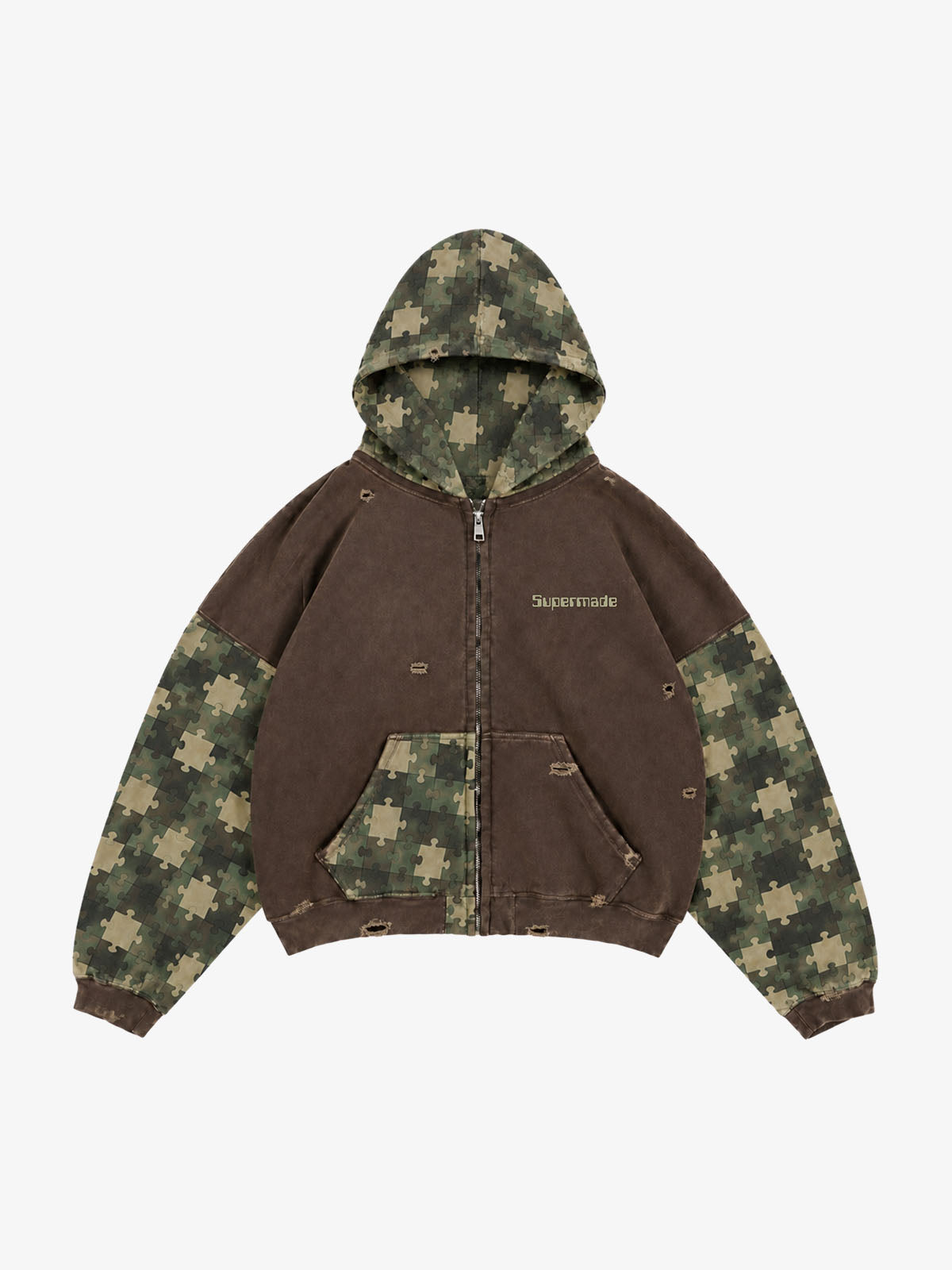 Paneled Camo Washed Distressed Zip Hoodie