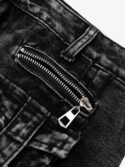 V-Seam Raw Edge Panel Distressed Utility Denim Jeans