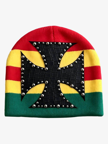 Color Block Studded Cross Gothic Dome Knit Hat