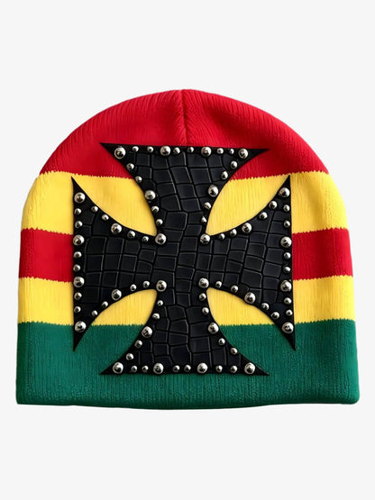 Color Block Studded Cross Gothic Dome Knit Hat