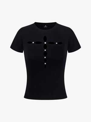 Cutout Rhinestone Short Sleeve Tee