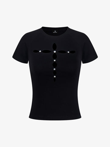Cutout Rhinestone Short Sleeve Tee