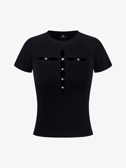 Cutout Rhinestone Short Sleeve Tee