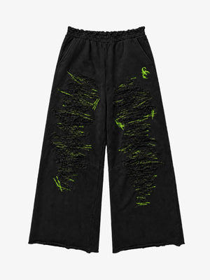Contrast Stitching Distressed Wide-Leg Sweatpants