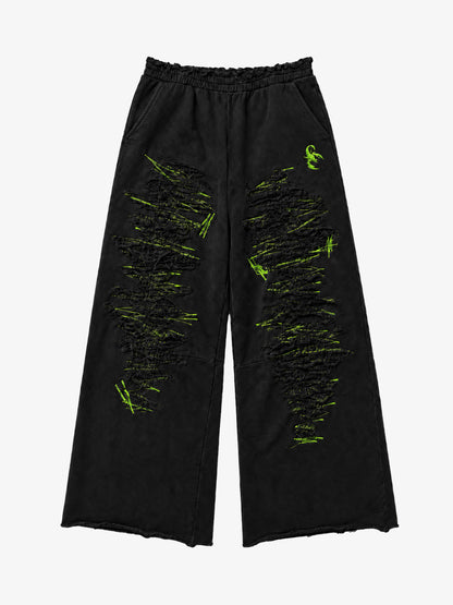 Contrast Stitching Distressed Wide-Leg Sweatpants