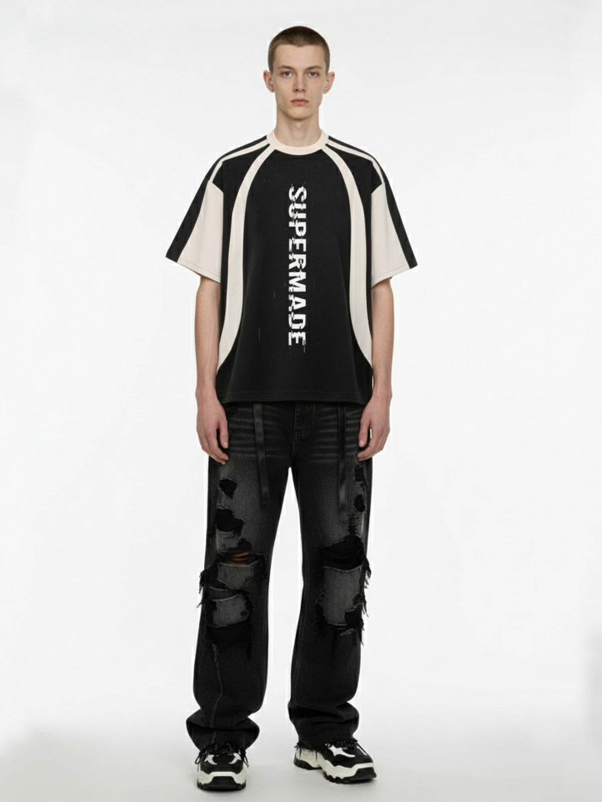 Thesupermade Vertical Glitch Art Deconstruction Contrast Color Stitching Print T-shirt 